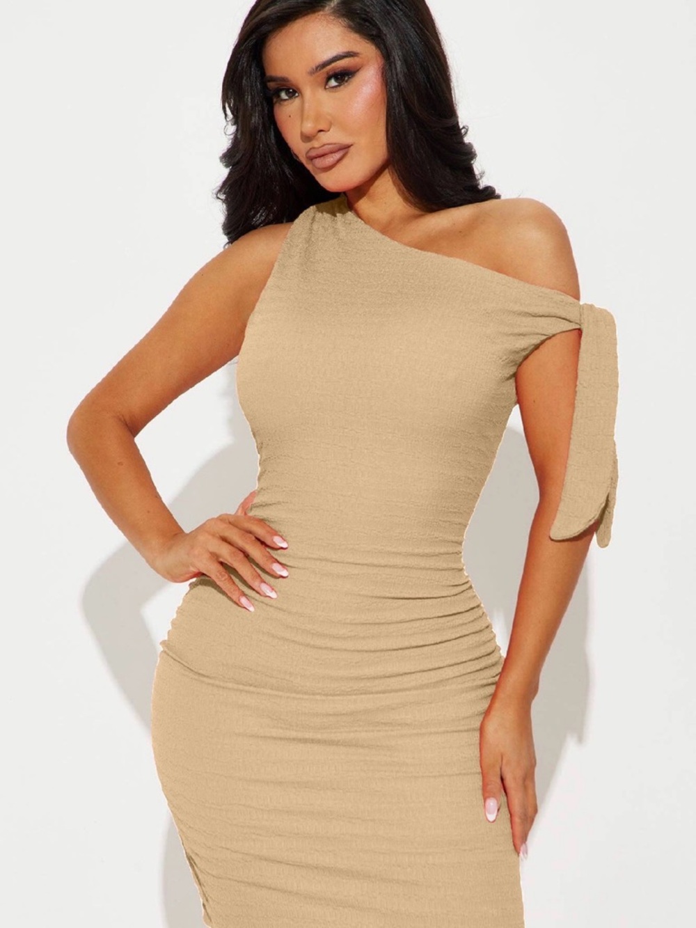 One-Shoulder Ruched Bodycon Dress in Beige
